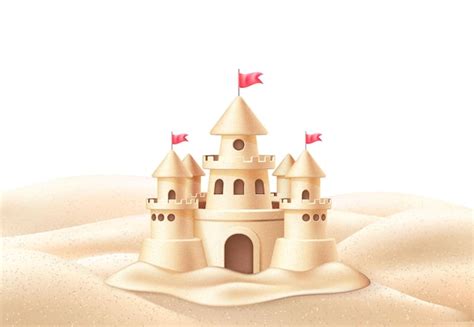 Premium Vector Realistic Sand Castle With Towers Flags On Beach Coast