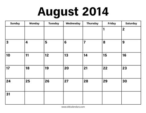 August 2014 Calendar Printable Old Calendars