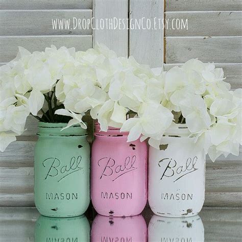 Pink Green White Painted And Distressed Mason Jars For Weddings
