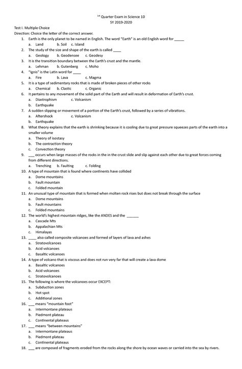 1st Periodic Test Science 10 1st Quarter Exam In Science 10 Sy 2019
