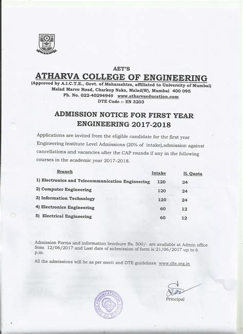 Admission Notice 17 18 Atharva College Of Engineering