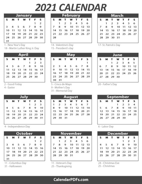 2021 Printable Yearly Holiday Calendar On One Page Download And Print