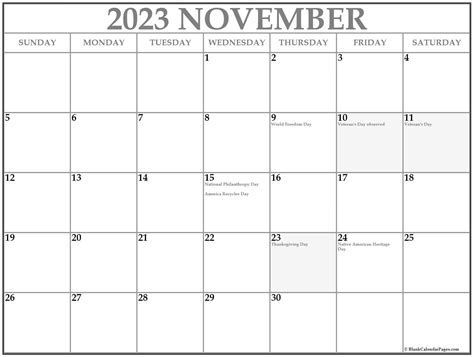 November 2023 Printable Calendar Calendar 2023 With Federal Holidays