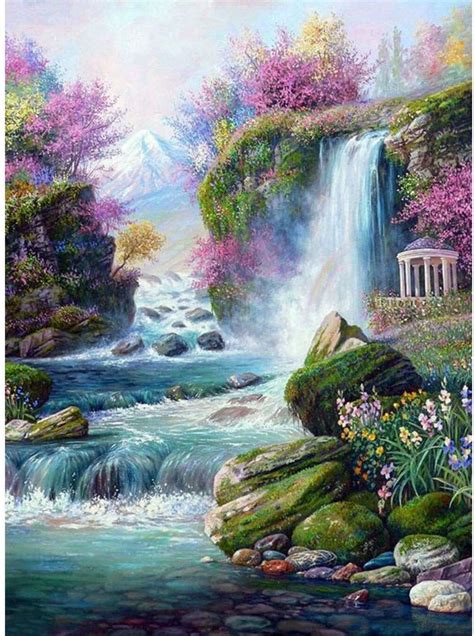 Wuayi Diamond Painting Setlandschaft Wasserfall Blume Sonnenuntergang