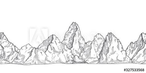 Mountain range. Outline nature drawing, pencil sketch rocky peaks