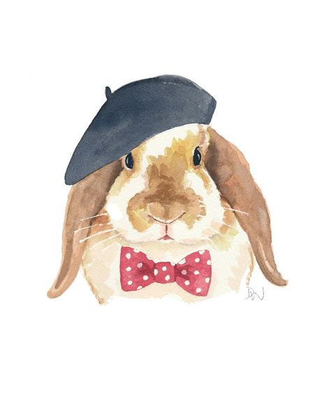 Bunny Rabbit Watercolour Original Rabbit Painting French Beret