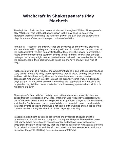 Witchcraft In Shakespeares Play Macbeth Essay Witchcraft In