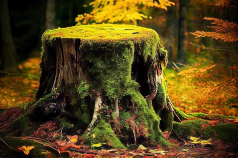 Premium Ai Image Old Stump In The Autumn Forest With Moss And Fallen