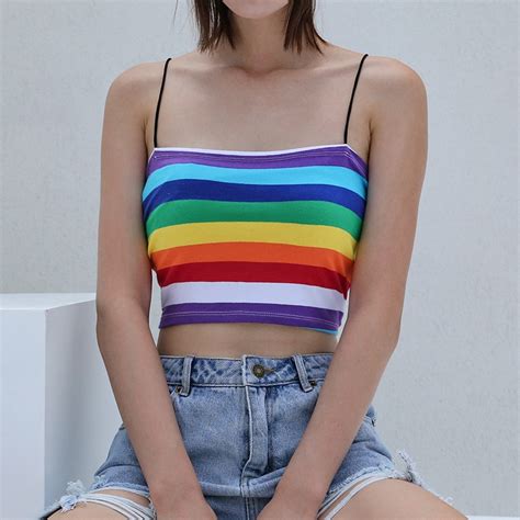 Liva Girl Rainbow Striped Summer Spaghetti Strap Tank Top Women