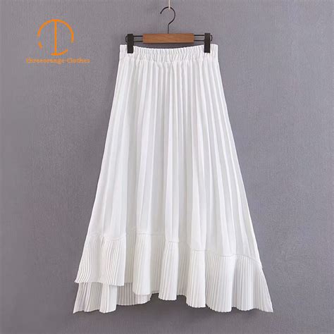 Summer White Skirt Women Fashion Elegant A Line Pleated Asymmetric
