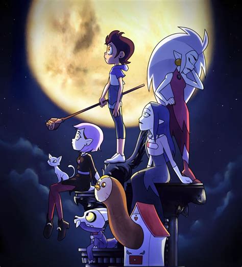 Cartoon Characters Standing In Front Of A Full Moon