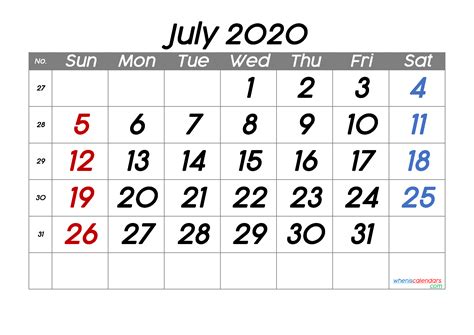 Free Printable July 2020 Calendar Premium