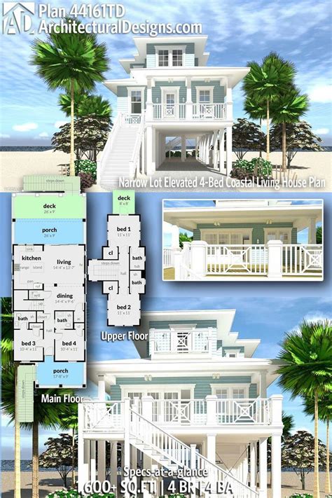 Three bedroom transportable house with an ensuite off the master bedroom, open plan kitchen dining/living area, separate toilet. Plan 44161TD: Narrow Lot Elevated 4-Bed Coastal Living ...
