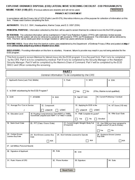 Navmc 11361 Eod Screening Checklist Pdf Security Clearance Government