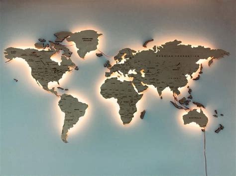 World Map Light Wood Wall Decor Large Travel Led Map Etsy World Map