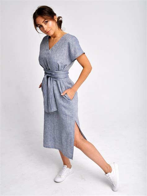 Linen Wrap Dress With Side Slits V Neck Linen Dress Linen Etsy