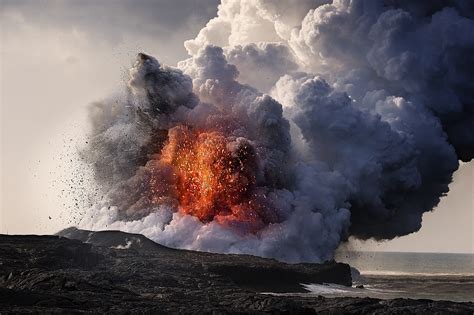 Nature Landscape Volcano Eruptions Hawaii Lava Smoke Ash Sea