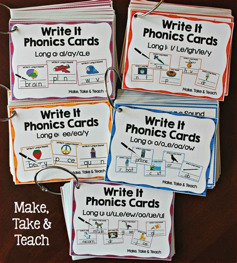 I continue sharing sets of phonics flashcards. Long Vowel Sounds Spelling Patterns Write-It Phonics Cards - Make Take & Teach