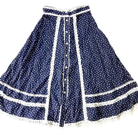 Vintage 70s Calico Print Prairie Skirt Navy Blue Vintage Skirt