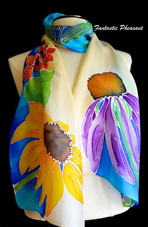 Silk Scarf Hand Painted Summer Flowers On A Blue And Tan Silk