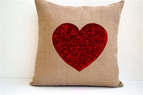 Burlap Heart Pillow Red Sequin Decorative Pillow Cushion