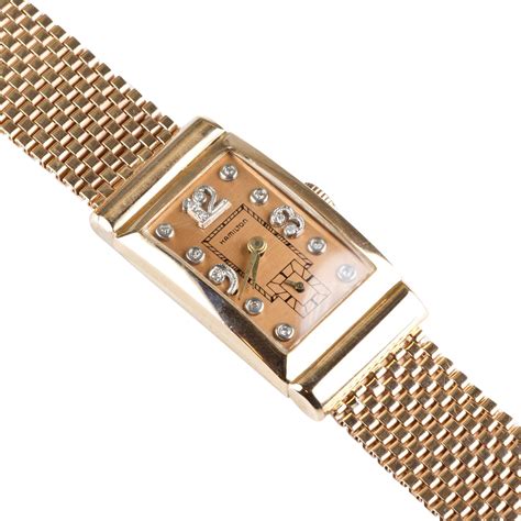 vintage retro 1940s period hamilton 14k rose gold wrist watch with diamonds on face