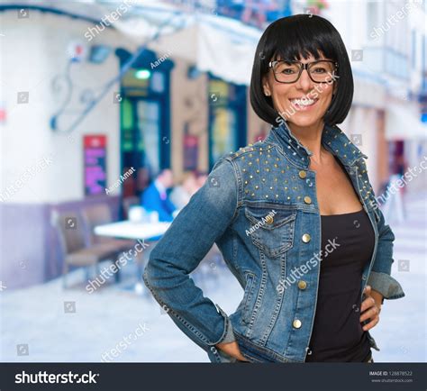 Happy Mature Woman Wearing Eye Glasses Outdoor Stock