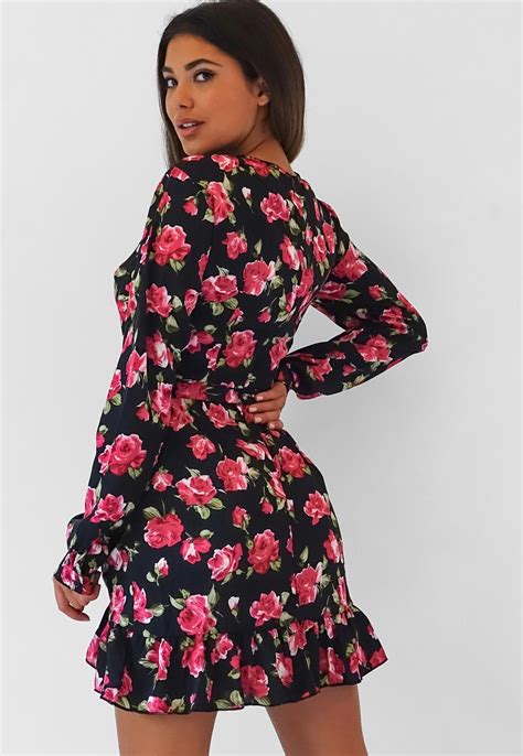 Black Floral Ruched Side Tea Dress Missguided