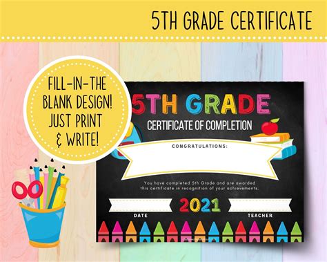 Printable 5th Grade Graduation Certificate 2021 Chalkboard Etsy