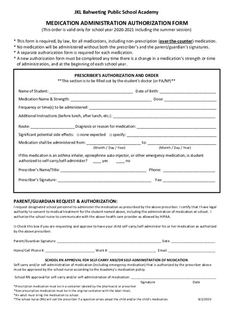 Fillable Online Medication Administration Authorization Form