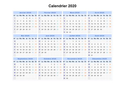 Calendrier Gratuit 2020 Modèle de Semaine Imprimable PDF Mot Excel