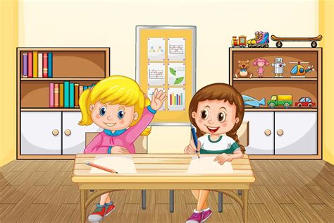 Scène Avec Deux Filles Qui étudient En Classe 3047899 Art Vectoriel