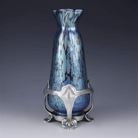 Titus Omega Loetz Art Nouveau Iridescent Glass Vase With Van Hauten Pewter Mount