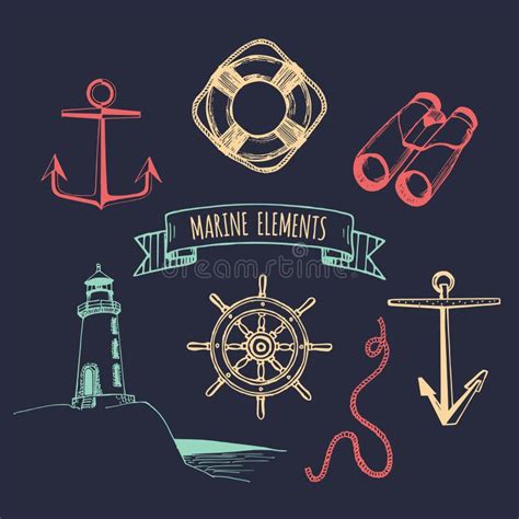 marine set vector nautical elements hand sketched sea illustrations maritime design
