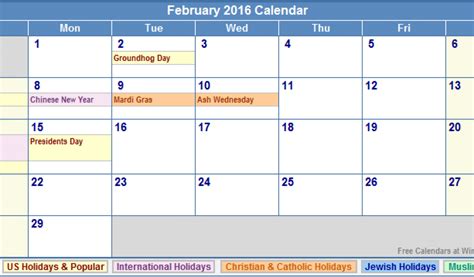 National and international funny and wacky holidays and fun celebrations for every day of the year. February 2016 Calendar With Holidays | 2016 calendar, Calendar, Calendar template