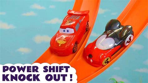 Hot Wheels Power Shift Knock Out With Cars Mcqueen Mickey Mouse And