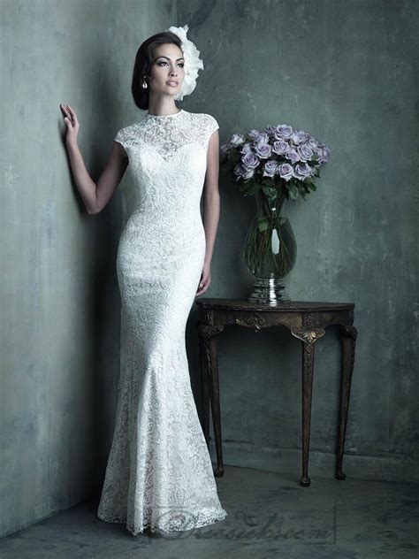 Elegant High Neckline Cap Sleeves Sheath Lace Wedding Dresses 2197472