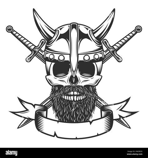 Viking Skull With Mustache And Beard In Horned Helmet And Crossed Sword