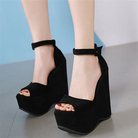 Woman Sandals 2019 Summer Black High Heels 16cm Gladiator Heels Fashion Platform Wedges Shoes
