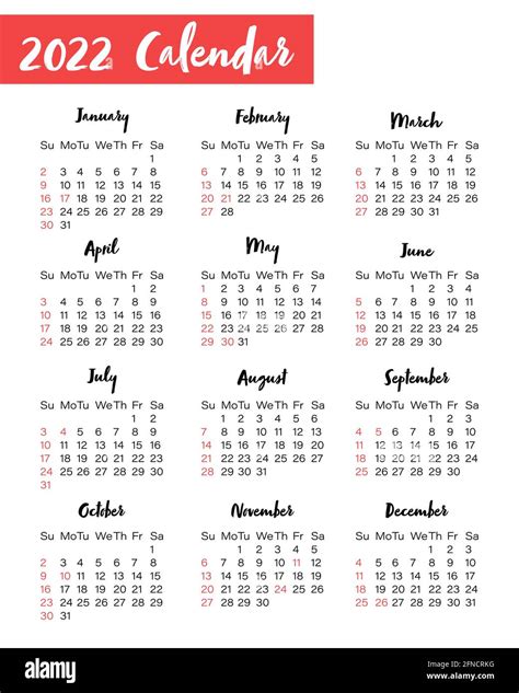 Vertical Calendar For Year 2022 Isolated On White Background United