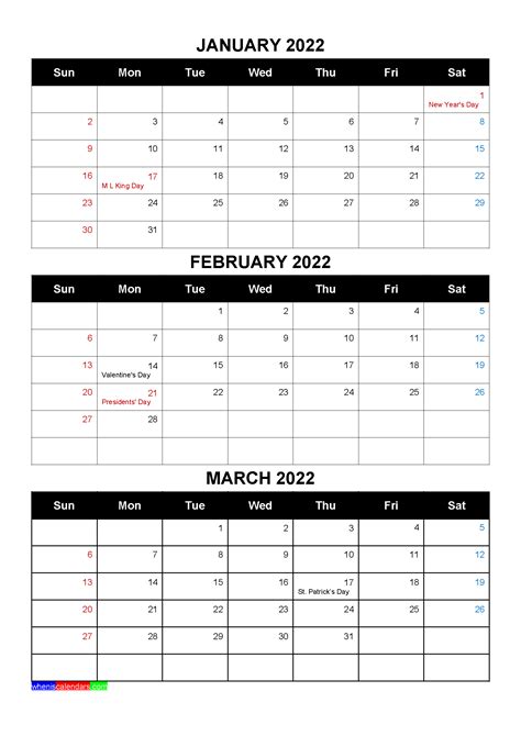 Free Calendar January February March 2022 With Holidays Four Quarters