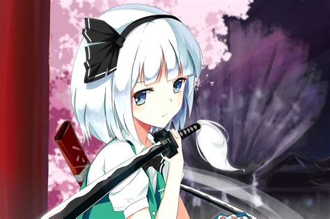 Sad Anime Girl Konpaku Youmu Sword On His Shoulder Wallpapers And Images Wallpapers Pictures