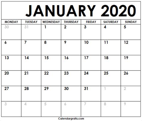 Create Your January 2020 Calendar Printable Editable Blank Templates Images