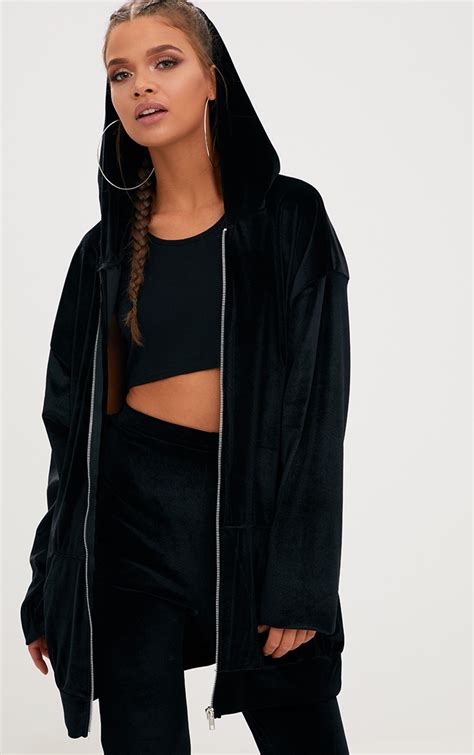 Black Velvet Oversized Hoodie Sweaters And Hoodies Prettylittlething Ksa