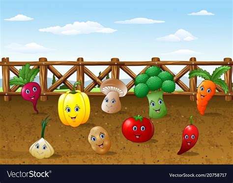 Vector Illustration Of Cartoon Vegetables Garden Farm Background