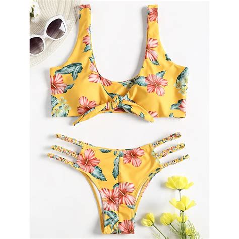 Zaful 2019 Women Bikini Swimwear Knotted Floral Swim Bra Braided Straps Bottoms Bikini Set Scoop