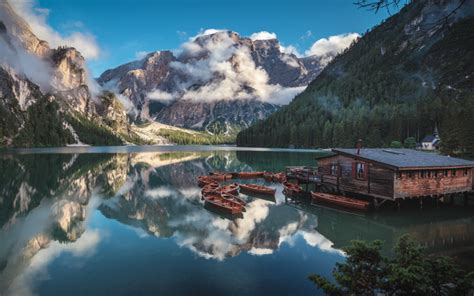 Download Wallpapers Lake Braies Alps Pragser Wildsee Morning