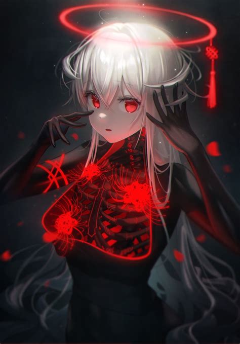 an anime character with white hair and red eyes holding her hands behind her back