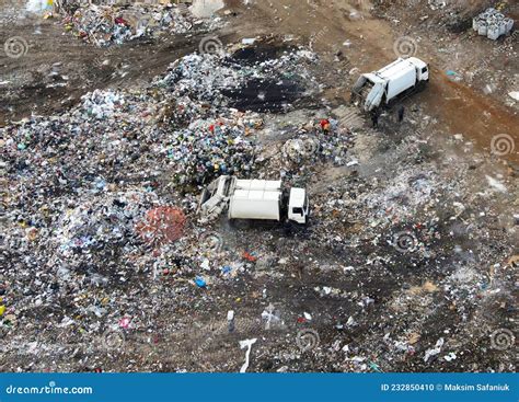 Arial View Of Garbage Truck During Unloading The Rubbish And Food Waste