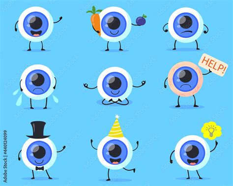 Set Of Cute Human Eyeball Character Cartoon Vector Illustration Sick